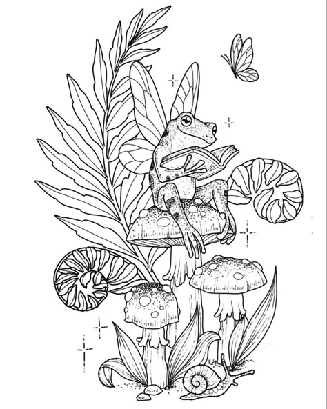 Mushroom Pixie Tattoo, Floral And Mushroom Tattoo, Cottagecore Arm Tattoo, Magical Tree Tattoo, Mythical Forest Drawing, Nature Outline Tattoo, Snake Mushroom Tattoo, Cottagecore Mushroom Drawing, Tattoo Ideas Female Mushroom