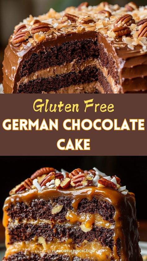 Try Best Gluten-Free German Chocolate Cake with a creamy gluten-free frosting! This decadent dessert has all the classic flavors—rich chocolate, coconut, and pecan—but is completely gluten-free, making it perfect for any celebration. An ideal treat for birthdays, Thanksgiving, or holiday gatherings! Gluten Free German Desserts, Dairy Free And Gluten Free Desserts, Thanksgiving Dessert Gluten Free, Gluten Free Spice Cake Recipe, Gluten Free German Chocolate Cake, Gf Chocolate Cake, Gluten Free Christmas Cake, Gluten Free Truffles, Gluten Free Frosting