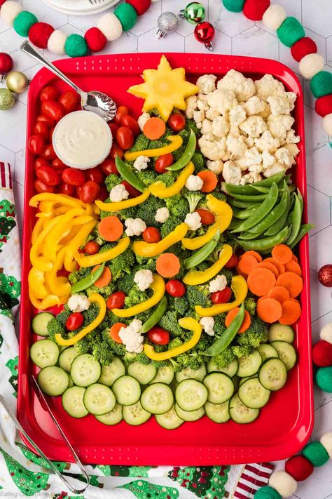 Christmas Veggie Tray - Eating on a Dime Vegi Tray Christmas, Meat And Veggie Tray Ideas, Christmas Veg Tray Platter Ideas, Veggie Tray For Christmas Party, Veggies Christmas Tree, Vegetable Tree Appetizer, Christmas Veggie Tray Holiday Parties Vegetable Platters, Veggie Tray Ideas Christmas, Veggie Board Christmas