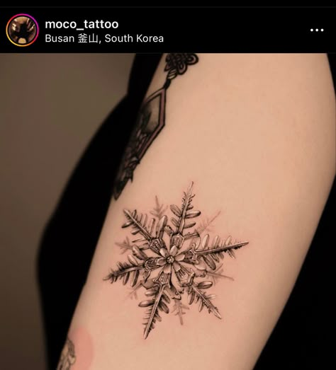 Snowflake Tattoo Black, Snowflake Stick And Poke, Winter Rose Tattoo, Snowflakes Tattoo Design, Snowflake Tattoo Design Unique, Winter Solstice Tattoo, Snowflake Tattoos For Women, January Tattoo Ideas, Snowflake Tattoo Design