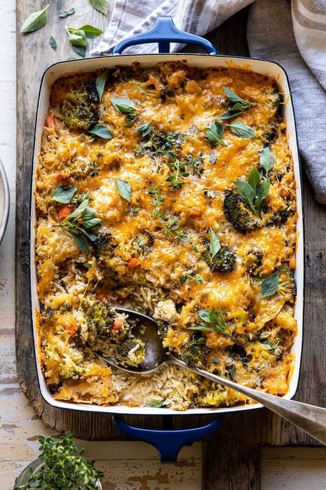 Broccoli Cheddar Chicken and Rice Casserole | halfbakedharvest.com #casserole #healthyrecipes #familyrecipes #chickenandrice Half Baked Harvest Chicken Broccoli, Half Baked Harvest Chicken, Themed Meals, Grain Dishes, Weeknight Casseroles, Broccoli Cheddar Chicken, Comfort Meals, Fall Eats, Broccoli Dishes