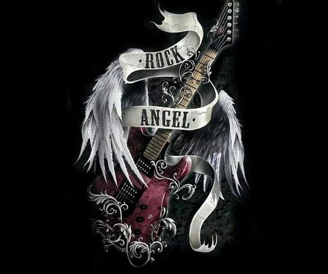 <3  Oh Yeah!!! Rock Guitar Tattoo, Electric Guitar Tattoo Ideas, Guitar Angel, Guitar With Angel Wings Tattoo, Skulls And Guitars, Guitar Tattoo Design, Guitar Artwork, Guitar Tattoo, Rock N Roll Art