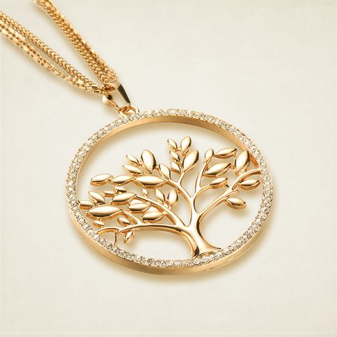 Big Crystal Tree of Life Pendant Necklace Multilayer Long Chains Round Circle Gold Tree Pendant Tree Of Life Pendant Gold, Locket Designs Pendants, Long Chain With Pendant Gold, Big Pendant Gold, Long Chain Designs Gold, Gold Dollars, Enchanted Necklace, Big Pendant Necklace, Coordinates Jewelry