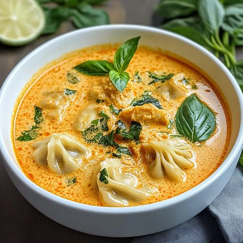 Easy Thai Red Curry Dumpling Soup Recipe Japanese Curry Soup, Curry Dumpling Soup, Thai Wonton Soup, Red Curry Dumpling Soup, Thai Red Curry Dumpling Soup, Pork Dumpling Soup, Easy Dumpling Soup, Asian Dumpling Soup, Wonton Ramen