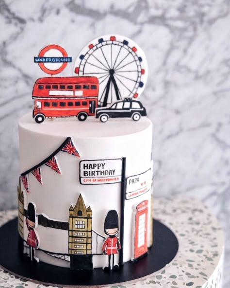 ☀️ONE MORE BAKE on Instagram: “One thing in my bucket list is to travel to London by 30. For now, this London cake would have to suffice. Painted cakes are one of my…” London Theme Birthday Party, London Birthday Cake, London Bus Cake, London Bus Birthday Theme, India To Uk Travel Cake Design, London Theme Parties, England Cake, Jubilee Cake, Bus Cake