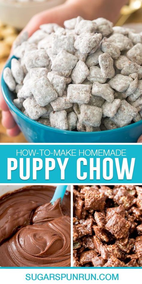 Puppy Chow (also known as Muddy Buddies) is a great last-minute snack that can be completely ready in under 10 minutes! Loaded with plenty of peanut butter and chocolate, this is a super crave-able snack. Homemade Puppy Chow, Best Puppy Chow Recipe, Easy Puppy Chow, Puppy Chow Ingredients, Easy Snack Mix, Puppy Chow Chex Mix Recipe, Puppy Chow Recipe, Muddy Buddies Recipe, Chow Recipe