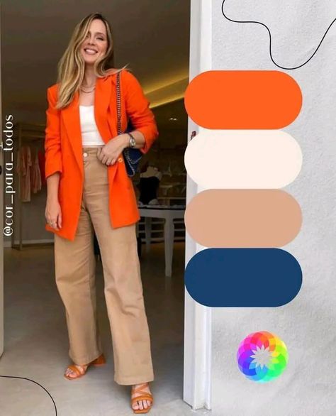 Blazer Naranja Outfit Mujer, Orange Shirt Outfit, Orange Blazer Outfits, Pantalon Orange, Mode Ab 50, Colour Combinations Fashion, Color Combos Outfit, Orange Blazer, Color Blocking Outfits