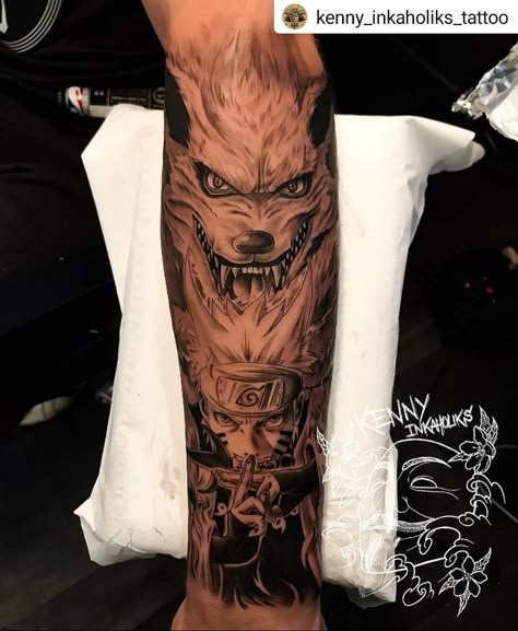 Best tattoos & drawings 🇪🇸🇬🇧🇯🇵 en Instagram: “#Repost @kenny_inkaholiks_tattoo • • • • • Naruto & Kurama 😍🔥 Follow for more content like this 🔥 . #anime #manga #tattoo #animetattoo…” Tato Naruto, Naruto Tattoos, Tato Mandala, Mangas Tattoo, Naruto Kurama, Dragon Ball Tattoo, Manga Tattoo, Men Tattoos Arm Sleeve, Naruto Tattoo