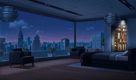 Penthouse View Night, Penthouse Bedroom Aesthetic, Penthouse Night, Luxury Penthouse Bedroom, Bedroom Aesthetic Dark, Penthouse Bedroom, Gacha Backgrounds Outside, Contemporary Penthouse, Nyc Central Park