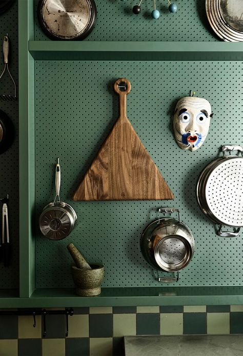 kitchen pegboard 1950s House, Kitchen Organization Ideas, Low Tech, Green Frame, Julia Child, Green Kitchen, English Cottage, Kitchen Inspo, Peg Board