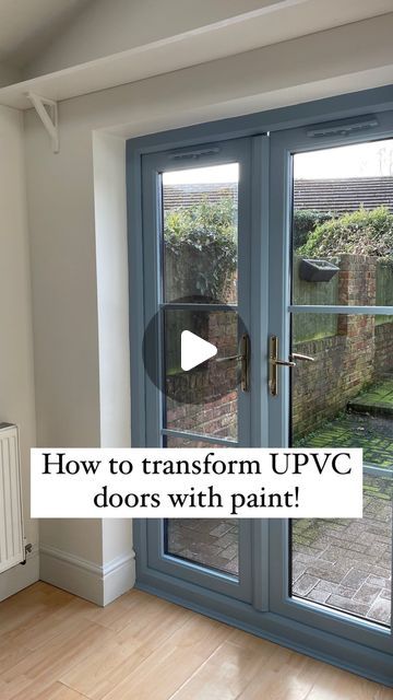 Emily on Instagram: "Ad - How I transformed our ugly brown upvc doors with @makeitrustoleum paint!   I really wanted to replace these when we first moved in two years ago but doors are expensive 😅 and so I resigned myself to staring at the ugly boring doors forever until I discovered upvc paint!   It was so much easier to do than I thought, but here are my top tips if you want to give it a try yourself:  🧼 Prepare your surface well! Clean off any dirt or grease, lightly sand the surface to create a bit more of a grippy surface for the paint to stick to and then clean again with a microfibre cloth. You can use tape to protect your hardware but I love using a glass scraper to get a clean finish too!  🩵 Choose a specialist upvc paint in a fun colour like this one in ‘Nans best china’ from Paint Upvc Conservatory, Painted Patio Doors Interior, Upvc Back Door Ideas, Paint Upvc Front Door, Pvc Door Makeover, Pvc French Doors, Painted Upvc Conservatory, Patio Door Paint Ideas, Pvc Painted Door