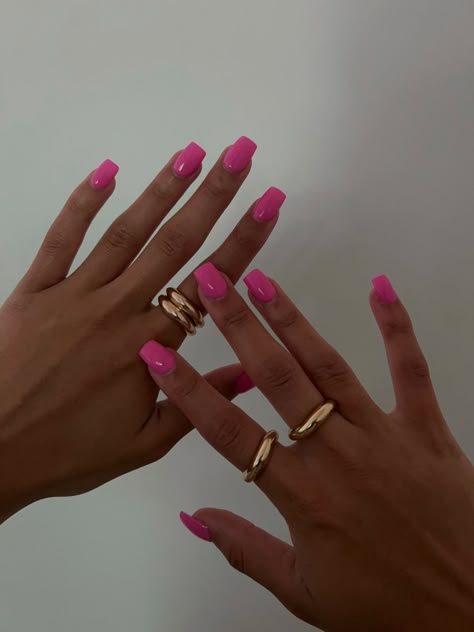 Hot pink acrylic nails Simple Pink Square Nails, Summer Plain Acrylic Nails, Pink Nails Plain Simple, Basic Hot Pink Nails, Bright Pink Nails Square, Hot Pink Nails With Design Square, Square Acrylic Nails Hot Pink, Dark Pink Square Nails, Acrylic Nails Ideas Solid Color