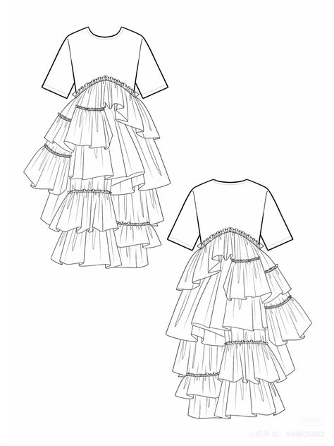 Ruffle Technical Drawing, Ruffle Drawing, Drawing Ruffles, Technical Drawing Fashion, Flat Drawings, Technical Drawings, Lace Flats, Flat Sketches, Trend 2024