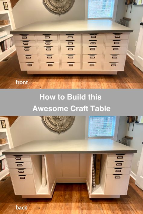 the front and back of a craft table with drawers, cubbies for fabric bolts, and a knee hole, with the caption "How we built my craft table" Bar Height Craft Table, Diy Large Craft Table, Sewing Table With Storage, Art Table Diy, Ultimate Craft Desk, Expandable Craft Table, Shared Craft Room, Craft Island With Storage, Craft Studio Storage