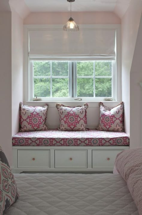 Nightingale Design - girl's rooms - pink girl room, pink girls room, pink girl bedroom, pink girls bedroom, princess bedroom, pink princess bedroom, pink walls, window seat, built-in window seat, storage bench, pink and gray girl room, pink and gray girls room, pink and gray girl bedroom, pink and gray girls bedroom, pink and gray pillows, pink and gray cushions, roman shade, vintage chandelier, window seat chandelier, window seat lighting. twin beds, pink bedding, Bedroom Window Seat, Vstupná Hala, Window Seat Kitchen, Window Benches, Bedroom Seating, Window Seats, 아파트 인테리어, Trendy Bedroom, Comfortable Bedroom