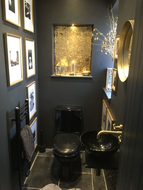 Black and gold downstairs toilet/ bathroom idea Black And Gold Downstairs Toilet, Black And Gold Toilet Room, Gold Downstairs Toilet, Small Black And Gold Bathroom, Black Toilet Powder Room, Small Toilet Room Black, Black Downstairs Toilet Ideas, Black Cloakroom Toilet, Downstairs Toilet Ideas Dark