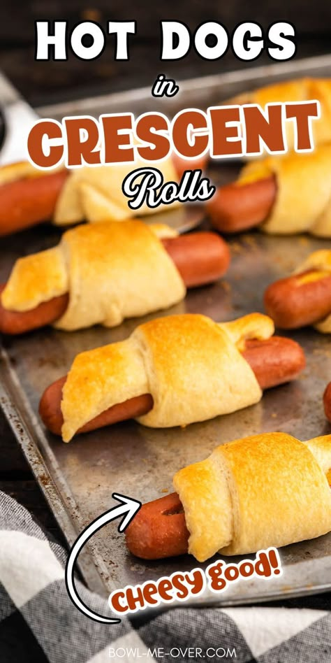 Sheet pan with hot dogs in crescent rolls with Pinterest overlay. How To Make Pigs In A Blanket With Hot Dogs, Crescent Rolls With Hot Dogs, Weiner Winks Recipe, Hot Dog Wraps Crescent Rolls, Pigs In A Blanket Recipe Hotdogs, Crescent Roll Hot Dogs Pillsbury, Hot Dogs In A Blanket Crescent Rolls, Hot Dogs Crescent Rolls Recipes, Crescent Hot Dog Rolls