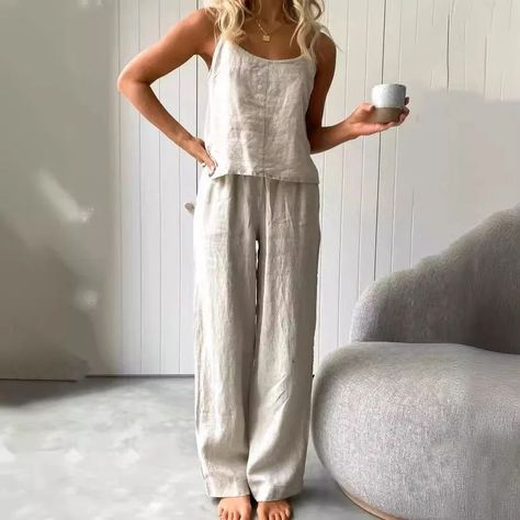 Two-piece Cotton Linen Loungewear, Pajamas, Casual Set To shop: find this product in highlights 'new arrival' or visit lageshop.com link in bio. Linen Lounge Wear, Capricorn Style, Homewear Outfit, Linen Looks, Button Suspenders, Linen Lounge, Summer Pjs, Pijamas Women, Classy Minimalist