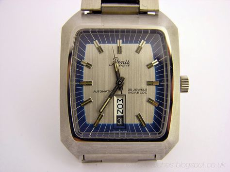 70s Watches: Big and wonderful 70s Renis All Stainless Steel Automatic. See more at: 70swatches.blogspot.co.uk 70s Watch, Orient Watch, Hamilton Watch, Watch Pocket, Time Keeper, Retro Watches, Vacheron Constantin, Retro 70s, Beautiful Watches