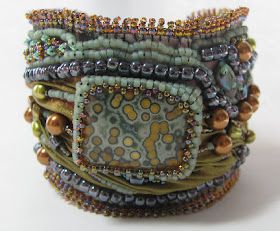 Beading Arts: Bracelets projects galore! - bead embroidery, part two Shibori Ribbon, Bead Embroidered Bracelet, Shibori Jewelry, Embroidered Bracelet, Fiber Art Jewelry, Journal Project, Fabric Bracelets, Fiber Jewelry, Bead Embroidery Jewelry