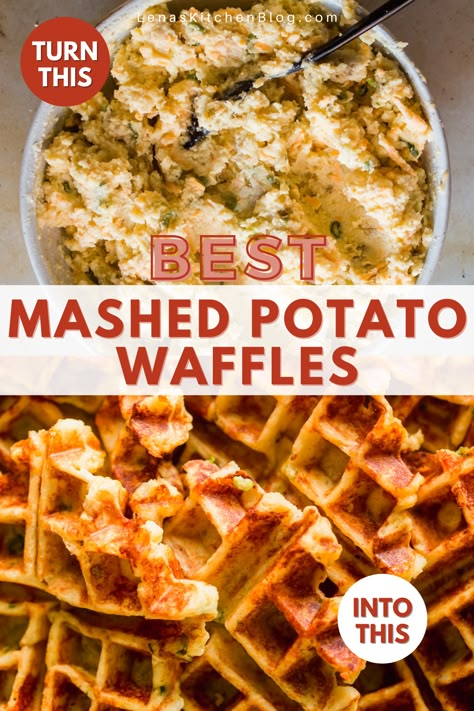 Mash Potato Waffles, Mashed Potato Waffles Recipes, Mashed Potatoes In Waffle Maker, Steak And Waffles, Leftover Mashed Potato Recipes Waffle Iron, Potato Waffles Ideas, Mash Potato Leftovers Ideas, Mashed Potato Waffles Leftover, Hashbrown Waffle Iron Recipes