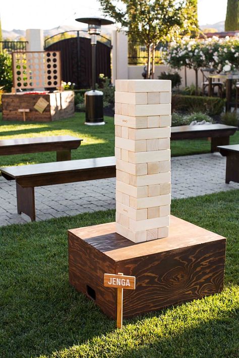 Lawn games at Casa Real at Ruby Hill Winery & the Palm Event Center in the Vineyard. Lawn Party Games, Outdoor Jenga, Jenga Wedding, Giant Lawn Games, Giant Yard Games, Outdoor Wedding Games, Lawn Games Wedding, Engagement Party Planning, Adult Playground