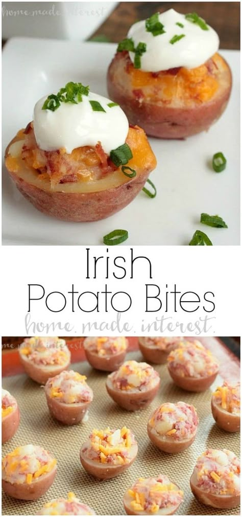 Mini Potato Skins, Irish Potato Bites, Appetizers Potato, St Patrick's Day Appetizers, Superbowl Food Appetizers, St Patricks Food, St Patrick Day Snacks, Beef Appetizers, Irish Desserts