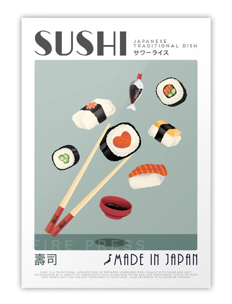 Sushi Illustration Poster - A3 (11.7x16.5) Sushi Poster, Sushi Illustration, Sushi Design, Sushi Art, Food Logo, Kitchen Posters, Vintage Poster Art, Original Wall Art, Illustration Poster