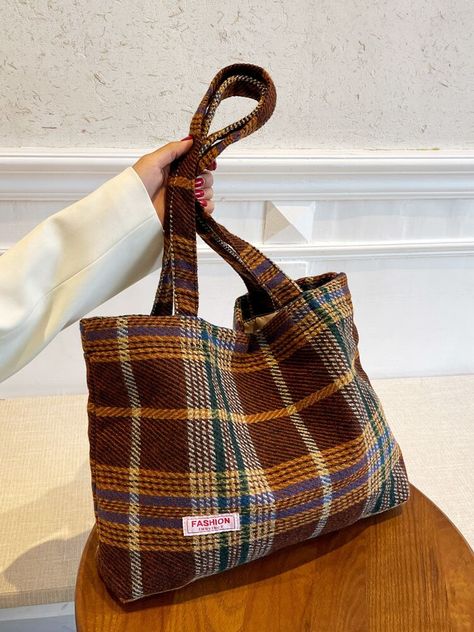 Colorblock Plaid Tweed Tote Bag | EMERY ROSE Tweed Bag Outfit, Ropa Upcycling, Patchwork Tote Bags, Plaid Tote Bag, Tweed Bag, Winter Bags, Diy Bags Purses, Women's Bags By Shape, Diy Tote Bag