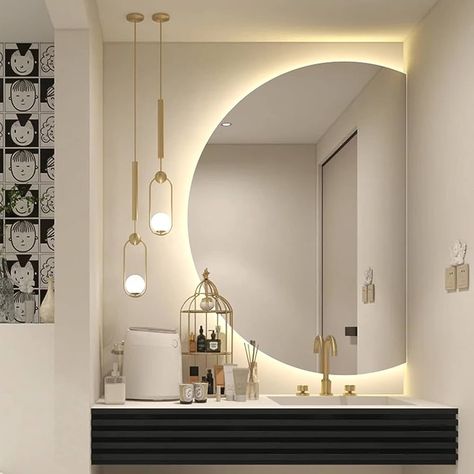 Interesting Bathroom Mirrors, Bathroom Mirror Trim, Double Sink Bathroom Ideas, Vanity Lighting Over Mirror, Bathroom Mirror With Lights, Small Bathroom Mirrors, Dark Bathroom, Bathroom Sink Design, Bathroom Vanity Mirrors