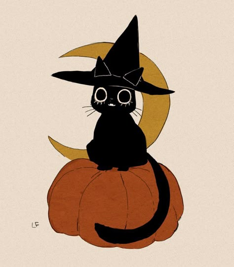 Cute Halloween Art, Spooky Kitty, Cat Pumpkin Carving, Halloween Color Palette, Black Cat Drawing, Black Cat Illustration, Helloween Wallpaper, Witch Drawing, Pumpkin Cat