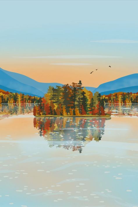 Illustration of Lake George in Adirondack Park in Upstate New York. Peak fall foliage, mountains, reflection in lake. Outdoorsy Illustration, Girl Adventure, New York Illustration, Adirondack Park, Foliage Print, Adventure Hiking, Adirondack Mountains, Lake Art, Design 2023