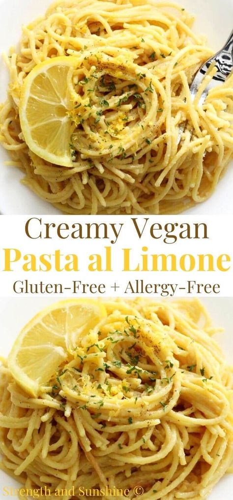 Vegan Pasta al Limone (Gluten-Free, Allergy-Free) | Strength and Sunshine | A classic Italian pasta dish with the creamiest lemon sauce! This Vegan Pasta al Limone recipe is gluten-free, dairy-free, allergy-free, and still so simple and easy to make! This authentic Southern Italian pasta sauce is cheesy, buttery, tangy, super creamy, and comes together in one pan for a quick and delicious meal ready in 10 minutes! Gluten Free Dairy Free Spaghetti, Vegan Gf Pasta Recipes, Vegan Lemon Pasta Sauce, Dairy Free Lemon Chicken Pasta, Gluten Free Linguine Recipes, Dairy Free Linguine Recipes, Dairy Free Lemon Pasta, Oil Based Pasta Recipe, Gf Pasta Dishes