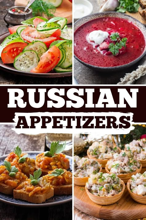 Get a taste of Russia with these popular Russian appetizers. From salad to mushrooms to borscht, these traditional dishes are such a treat. Traditional Russian Salads, Russian Appetizers Parties, Russian Holiday Food, Russian Lunch Recipes, Russian Party Food, Russian Meals Recipes, Russian Side Dishes, Russian Recipes Dinner, Russian Wedding Food