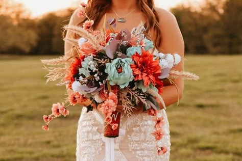 Boho wedding bouquet Teal, turquoise, dusty rose, terracotta, wild flowers Coral Western Wedding, Turquoise And Dusty Rose Wedding, Pink Orange Teal Wedding, Western Wedding Bouquets Turquoise, Western Bouquets, Teal And Terracotta Wedding, Teal Wedding Flowers, Teal Wedding Theme, Dark Teal Weddings