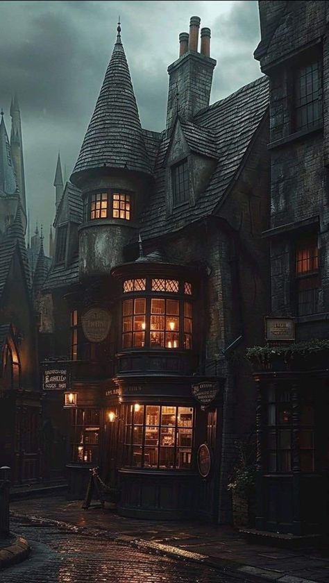 Diagon Alley Harry Potter, Diagon Alley Fan Art, Diagon Alley Painting, Nocturn Alley Harry Potter, Dark Fantasy City Aesthetic, Diagon Alley Art, Dark Fantasy Buildings, Harry Potter Harry Aesthetic, Cartographer Aesthetic