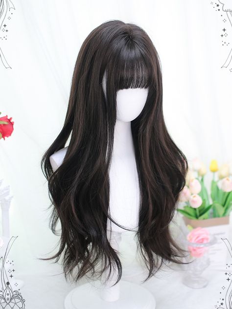 Get the perfect kawaii look with our air bangs long wig in black-brown! This wig features airy bangs, giving you a cute and playful appearance.   Please note that this product includes only the wig. Garment Size SizeFree SizeHair Length60 Long Dark Brown Hair With Bangs, Black Long Hair With Bangs, Black Bangs Hair, Long Brown Hair With Bangs, Airy Bangs, Brown Hair With Bangs, Black Hair With Bangs, Bangs Black Hair, Types Of Bangs