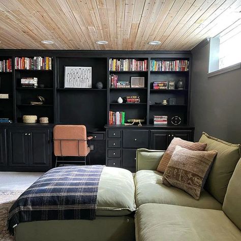 Basement Shelves Decor, Finished Basement Shelving Ideas, Bookshelves In Basement, Home Basement Office Ideas, Basement Use Ideas, Living Room In Basement Ideas, Basement Interior Design Ideas, Office In The Basement, Stylish Basement