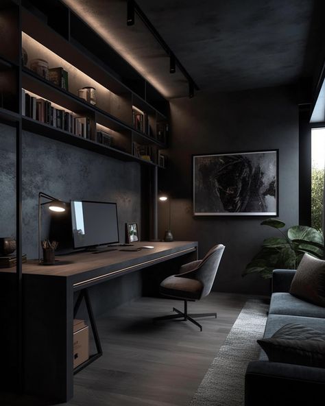 Dark Luxury Home Interior, Home Battlestation, Modern Mens Home Office, Dark And Moody Office Modern, Home Interior Design Industrial, Small Black Office Ideas, Office Gamer Room, Home Office Contemporary, Dark Industrial Office