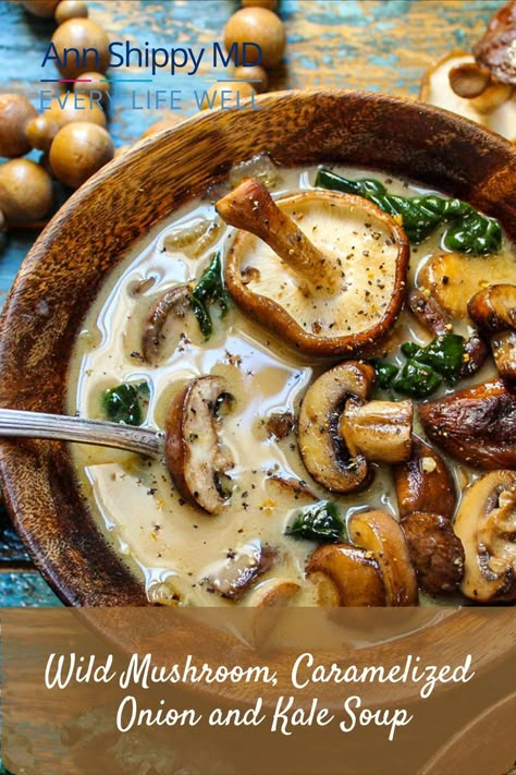 This paleo mushroom onion and kale soup is nutritious and delicious comfort food. Packed with flavor and antioxidants, one bowl makes a perfectly balanced and filling meal. Warm soup is a perfect meal as temperatures turn cooler. Gluten-free, dairy-free, Paleo and keto friendly, this is sure to be a crowd pleaser. I recommend making extra and freezing for later. Fall Mushroom Soup, Mushroom And Bean Soup, Kale Mushroom Onion Recipe, Creamy Kale Soup Recipes, Soup For Allergies, Whole30 Mushroom Soup, Wholesome Soup Recipes, Healthy Filling Vegetarian Meals, Shitake Mushroom Soup Healthy