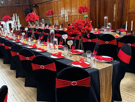 Red And Black Reception Ideas, Red Gold And Black Party Decorations, Family Color Party, Black Gold And Red Party Decorations, Red Black Gold Party Decoration, Black And Red Decor Party Ideas, Red Black And Gold Birthday Party Decor, Wedding Reception Colors, Black Decor Ideas