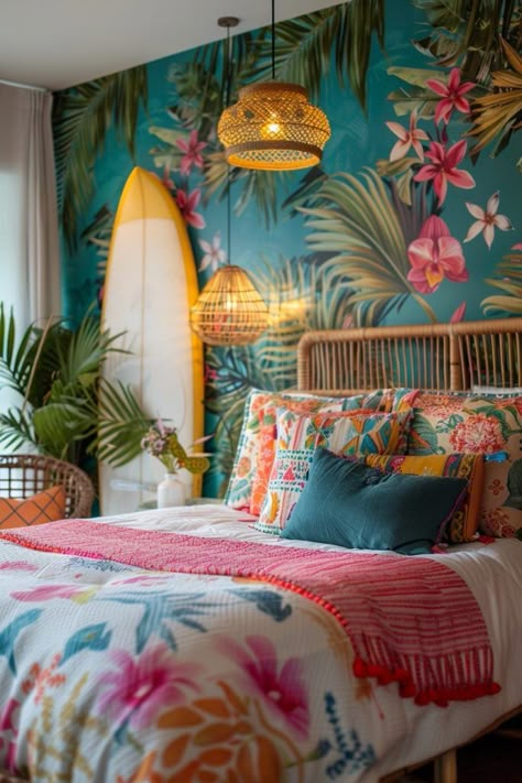 Bright Coastal Color Palette, Girly Boho Bedroom, Tropical Boho Bedroom, Tropical Bedroom Furniture, Breezy Curtains, Palm Beach Bedroom, Hawaiian Bedroom, Tropical Chic Decor, Boho Coastal Bedroom