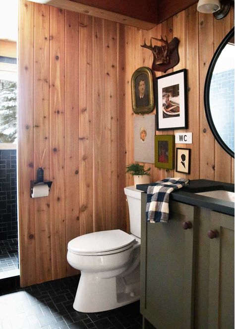 Downstairs Cabin Bathroom Reveal - The Faux Martha Funky Cabin Interior, Lake Cabin Bathroom Ideas, Bear Theme Bathroom, Cabin Bathroom Inspiration, Mountain Cabin Renovation, Knotty Pine Cabin Decor, Cabin Bathroom Tile, Modern Rustic Cabin Decor, Vintage Cabin Bathroom