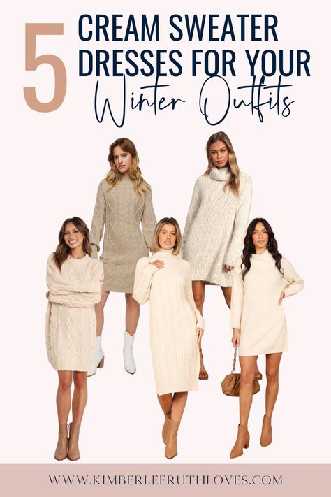 Are you ready to stay warm and stylish this winter? We’ve got you covered with these 5 stunning cream sweater dresses perfect for your winter outfits. They're perfect for layering and keeping you warm on those chilly days. Click the link to get yours today! #sweaterdress #petitefashion #winteroutfit #winterstyle #winterclothes Cream Sweater Dress Outfit, Knitted Dress Outfit, Cream Knitted Dress, Cream Sweater Dress, Sweater Dress Outfit, Mini Sweater, Winter Dress Outfits, Sweater Dresses, Mini Sweater Dress