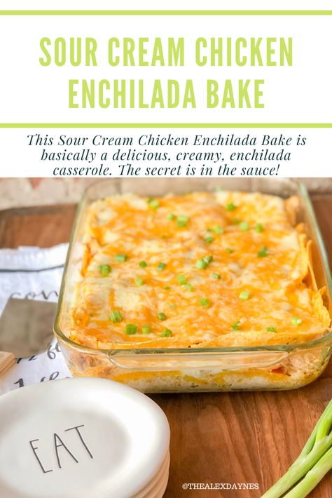 This Sour Cream Chicken Enchilada Bake is basically a delicious, creamy, enchilada casserole. This enchilada bake is one of the best! It comes together in no time and it tastes divine. It’s a great weeknight recipe the whole family will love! Made with shredded chicken, sour cream, diced green chilis, cheese, and corn tortillas. Delicious! Casserole Enchilada, Sour Cream Chicken Enchilada Recipe, Chicken Sour Cream, Creamy Enchilada, Chicken Enchilada Bake, Green Chilis, Enchilada Bake, Cream Chicken, Sour Cream Chicken