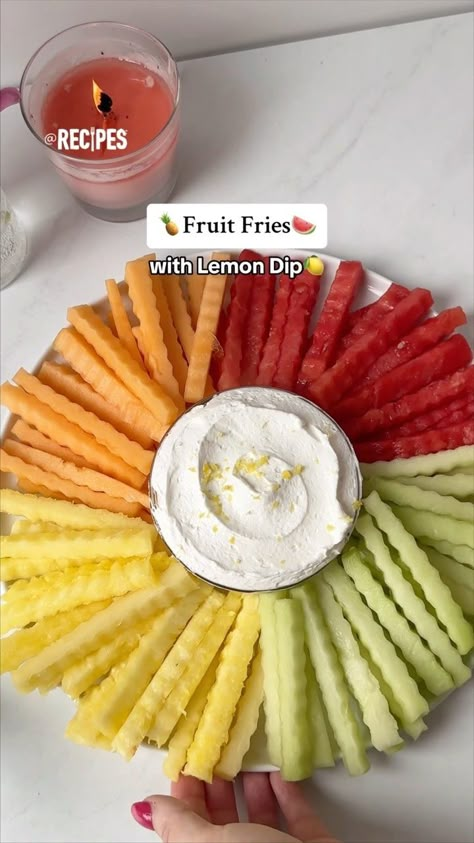 Add a pop of color to your day with these Fruit Fries with Lemon Dip!🍉🍋 It’s the cutest way to serve your fruit!😍 Tag a friend that loves… | Instagram Birthday Party Treats For School, Fruit Fries Dip, Fun Fruit Snacks, Fruit Dinner Ideas, Spring Break Food Ideas, Finger Foods Fruit, Food To Make For Party, Home Snacks, Field Day Snacks