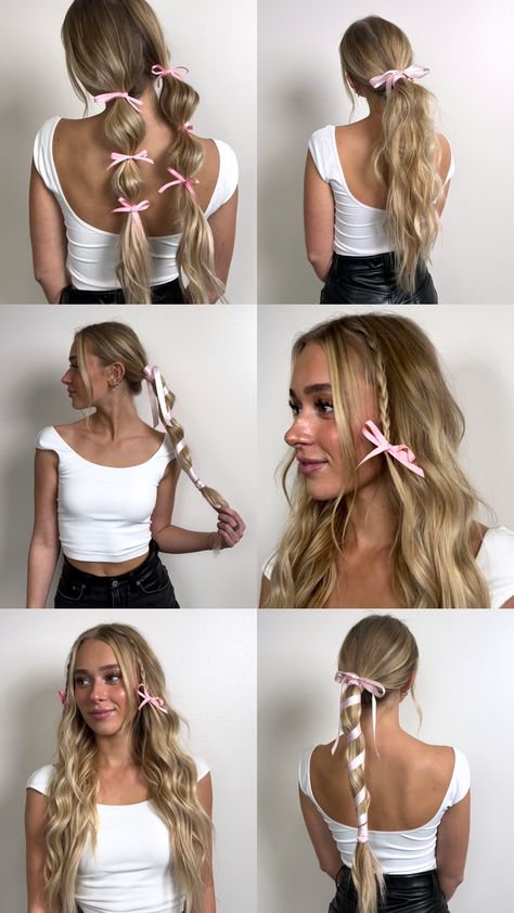 Now In Hair, Bows On Hair, Simple Hairstyles With Ribbon, Pink Bows In Hair, Little Bows In Hair, Bow Hair Styling, Hairstyles With Pink Ribbon, Long Hairstyles With Bows, Hair Inspo With Ribbon