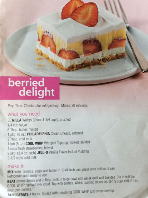 Berried Delight, Nilla Wafer Recipes, Berry Delight, Delish Desserts, Nilla Wafers, Philadelphia Cream Cheese, Whipped Topping, Baking Desserts, Foods To Try