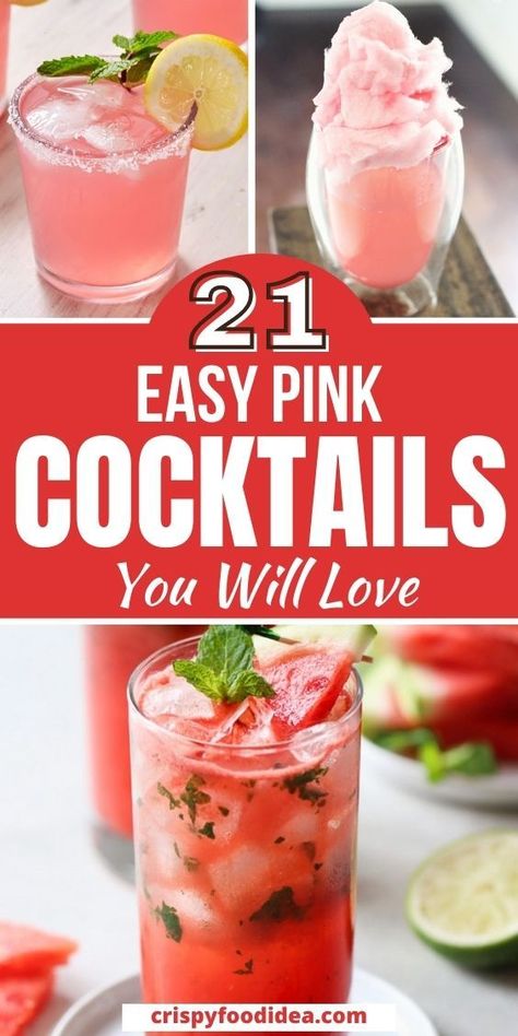 These easy pink cocktails are best for holidays and celebrating any occasion. Pink Cocktails For Party, Pink Drink Alcohol Recipe, Pink Wine Drinks, Simple Pink Alcoholic Drinks, Mothers Day Alcoholic Drinks, Pink Brunch Cocktails, Galentines Party Alcoholic Drinks, College Cocktail Recipes, Bachlorette Party Drinks Recipes