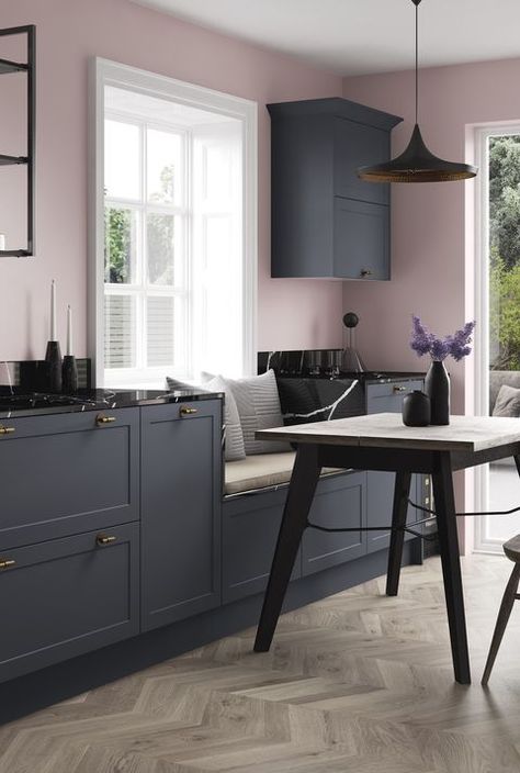 Pink Walled Kitchen, Blue And Pink Kitchen Decor, Blush Pink And Navy Kitchen, Navy Kitchen Pink Walls, Pink Blue Kitchen Decor, Navy And Blush Kitchen, Pink Walls Kitchen Ideas, Blush Pink Kitchen Walls, Navy Blue And Pink Kitchen